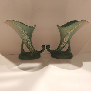 Roseville Pottery USA #164-8 Vintage 1940's Green Cornucopia Foxglove Vase Qty 2